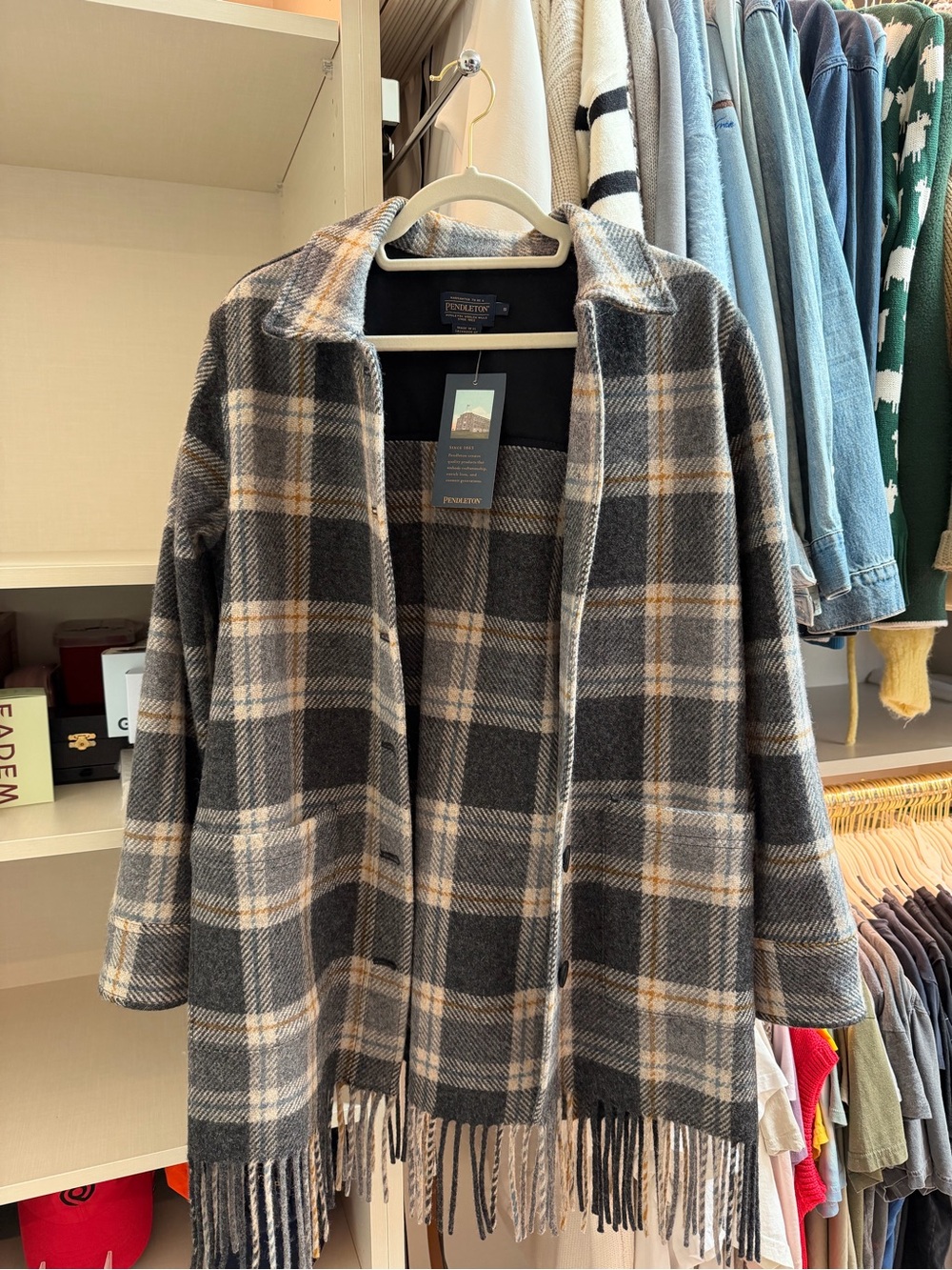 Pendleton Women's Black & Gray Plaid Fringe Coat - NWT - never worn